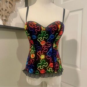 Just One Black Corset With Multicolor Swirl Design And Zip Up Back Size Large